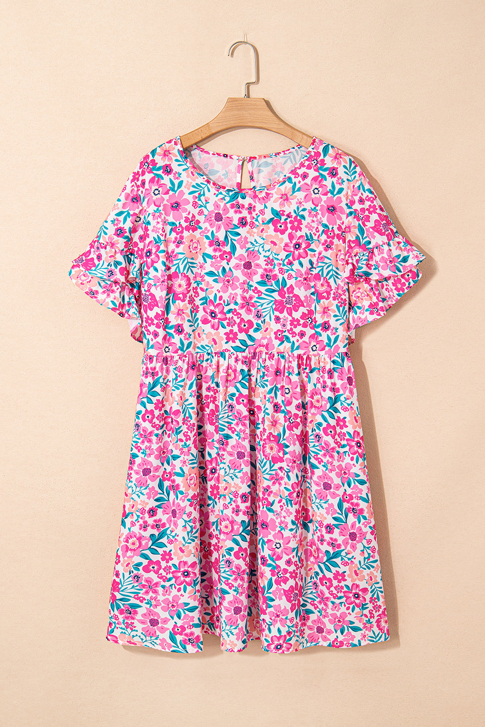 White Plus Size Floral Print Frilled Short Sleeve Flare Dress-TOPS / DRESSES-[Adult]-[Female]-2022 Online Blue Zone Planet