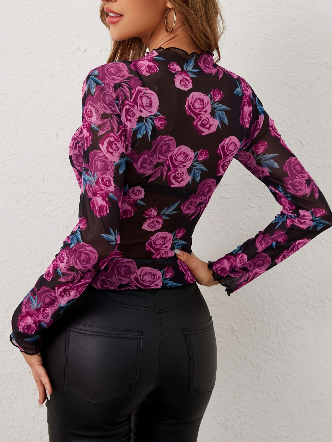 Floral Mock Neck Long Sleeve Top Blue Zone Planet