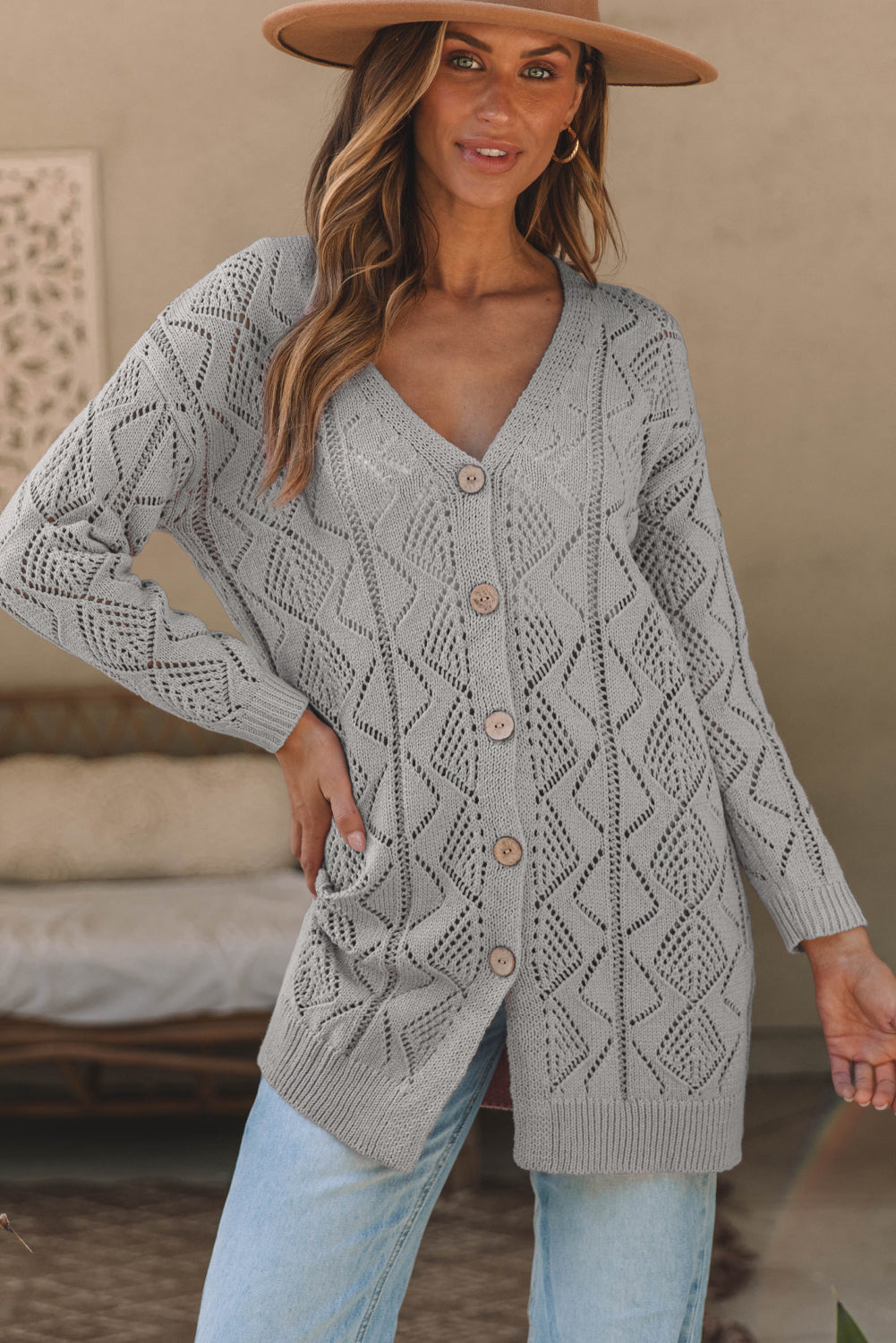 Gray Hollow-out Openwork Knit Cardigan-Sweaters & Cardigans/Cardigans-[Adult]-[Female]-2022 Online Blue Zone Planet