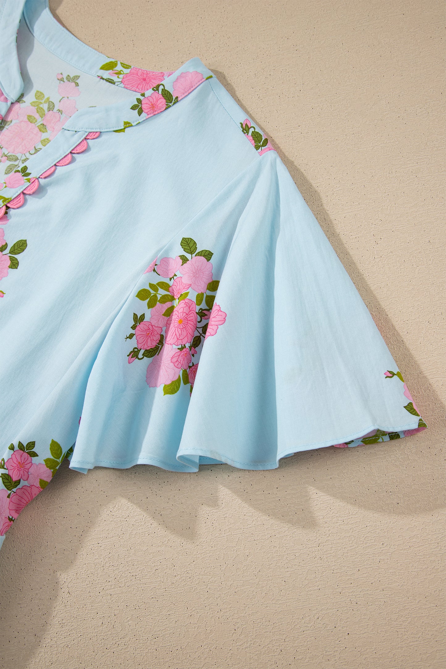 Sky Blue Notched Neck Flutter Short Sleeve Floral Print Maxi Dress-TOPS / DRESSES-[Adult]-[Female]-2022 Online Blue Zone Planet