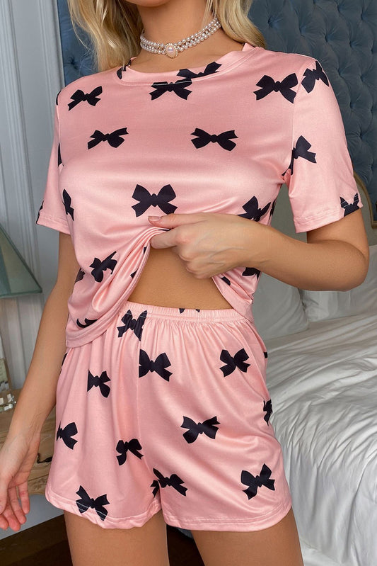 Pink Allover Bow Print Pockets Cropped Pajama Set-Loungewear Set-[Adult]-[Female]-Pink-S-2022 Online Blue Zone Planet