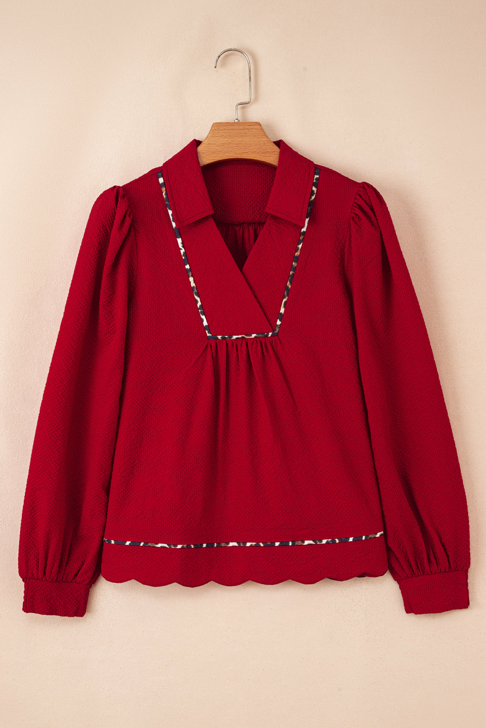 Fiery Red Collar V Neck Leopard Contrasted Trim Textured Blouse-Tops/Blouses & Shirts-[Adult]-[Female]-2022 Online Blue Zone Planet