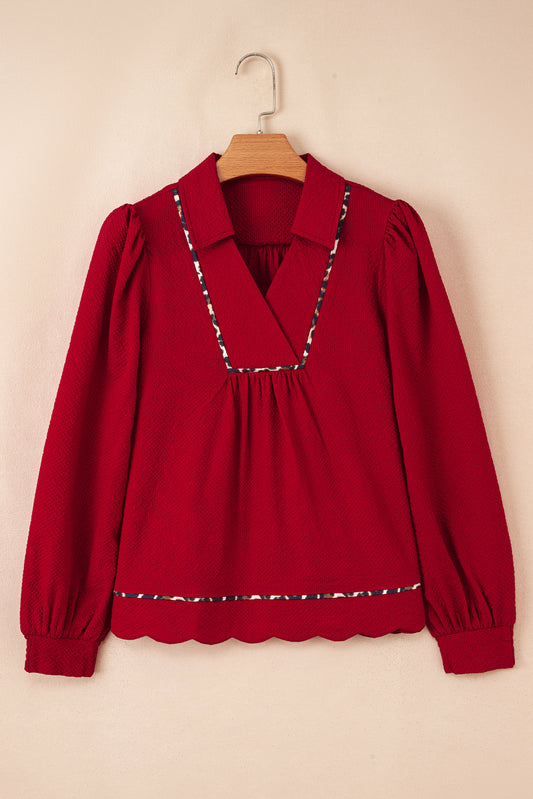Fiery Red Collar V Neck Leopard Contrasted Trim Textured Blouse-Tops/Blouses & Shirts-[Adult]-[Female]-2022 Online Blue Zone Planet