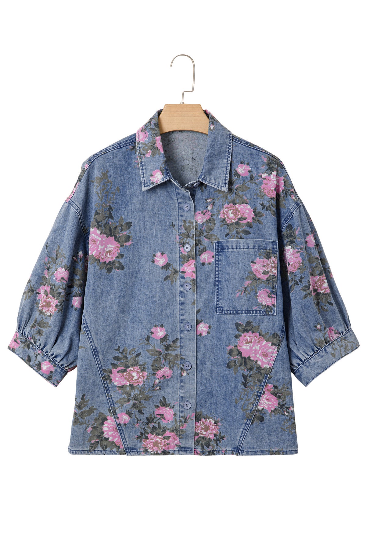 Blue Bracelet Sleeve Floral Denim Shirt-Bracelet-[Adult]-[Female]-2022 Online Blue Zone Planet