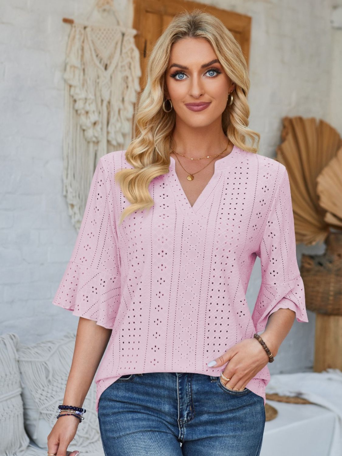 Eyelet Notched Half Sleeve T-Shirt-TOPS / DRESSES-[Adult]-[Female]-Blush Pink-S-2022 Online Blue Zone Planet