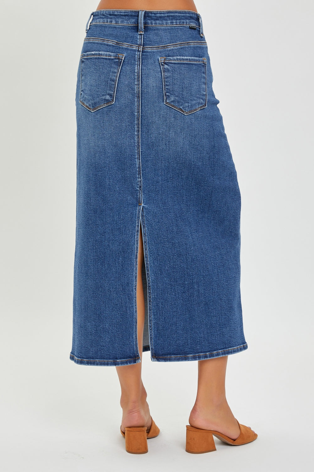 RISEN High Rise Back Slit Denim Skirt-BOTTOMS SIZES SMALL MEDIUM LARGETTOMS-[Adult]-[Female]-2022 Online Blue Zone Planet