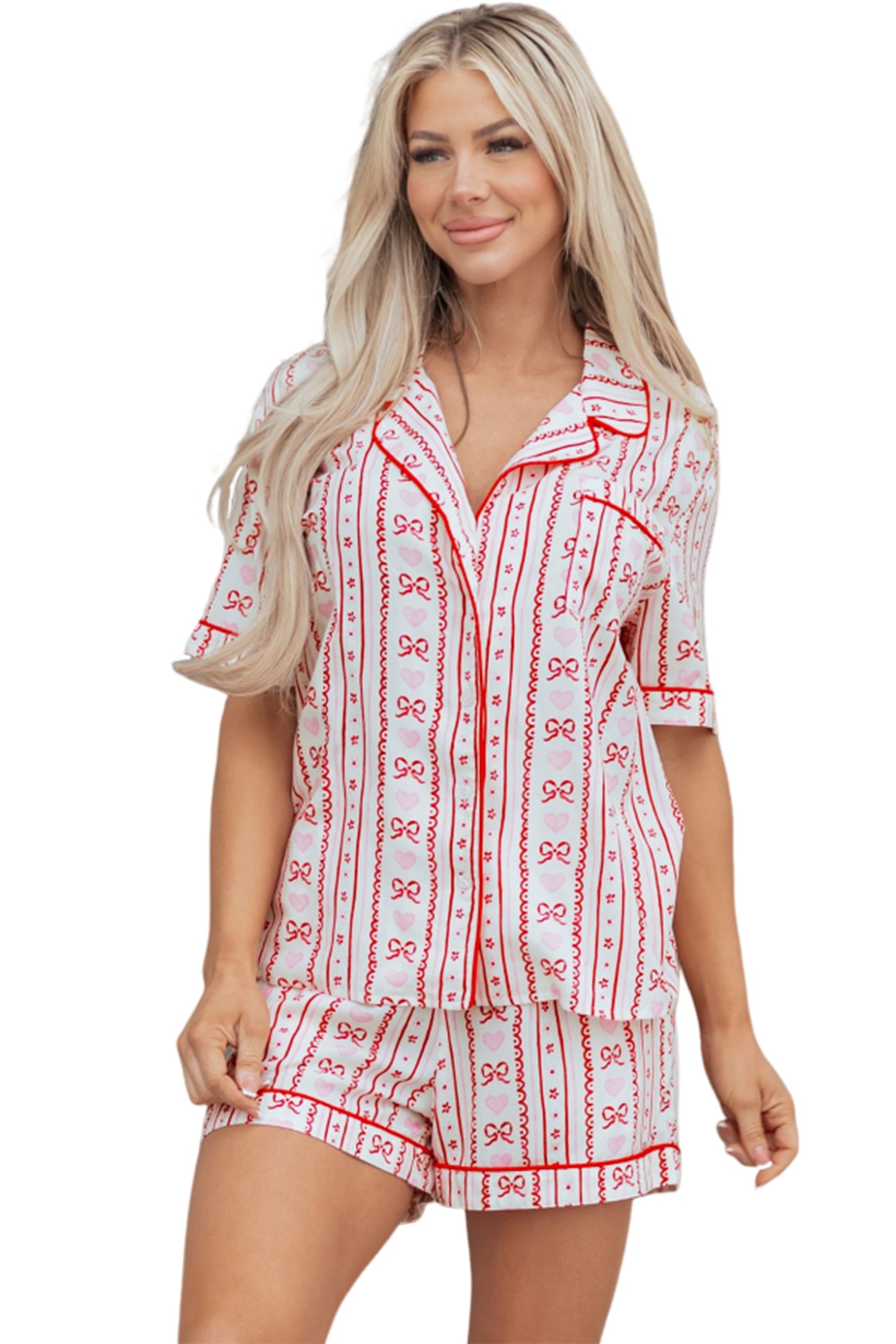 Red Cute Bow Heart Print Ribbon Decor Short 2pcs Pajama Set-Loungewear & Sleepwear/Sleepwear-[Adult]-[Female]-2022 Online Blue Zone Planet