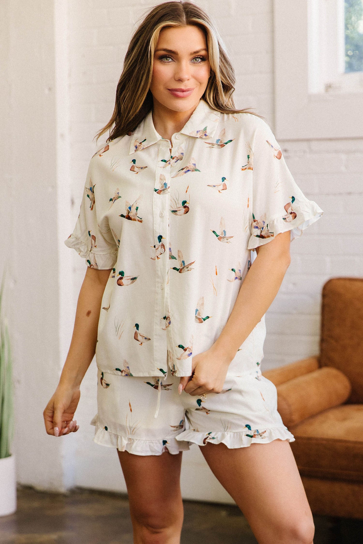 Beige Mallard Print Shirt Style Short Two Piece Set-Two Piece Sets/Short Sets-[Adult]-[Female]-2022 Online Blue Zone Planet
