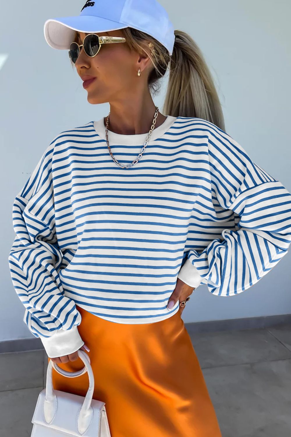 Blue Zone Planet | Striped Round Neck Long Sleeve Sweatshirt-TOPS / DRESSES-[Adult]-[Female]-2022 Online Blue Zone Planet