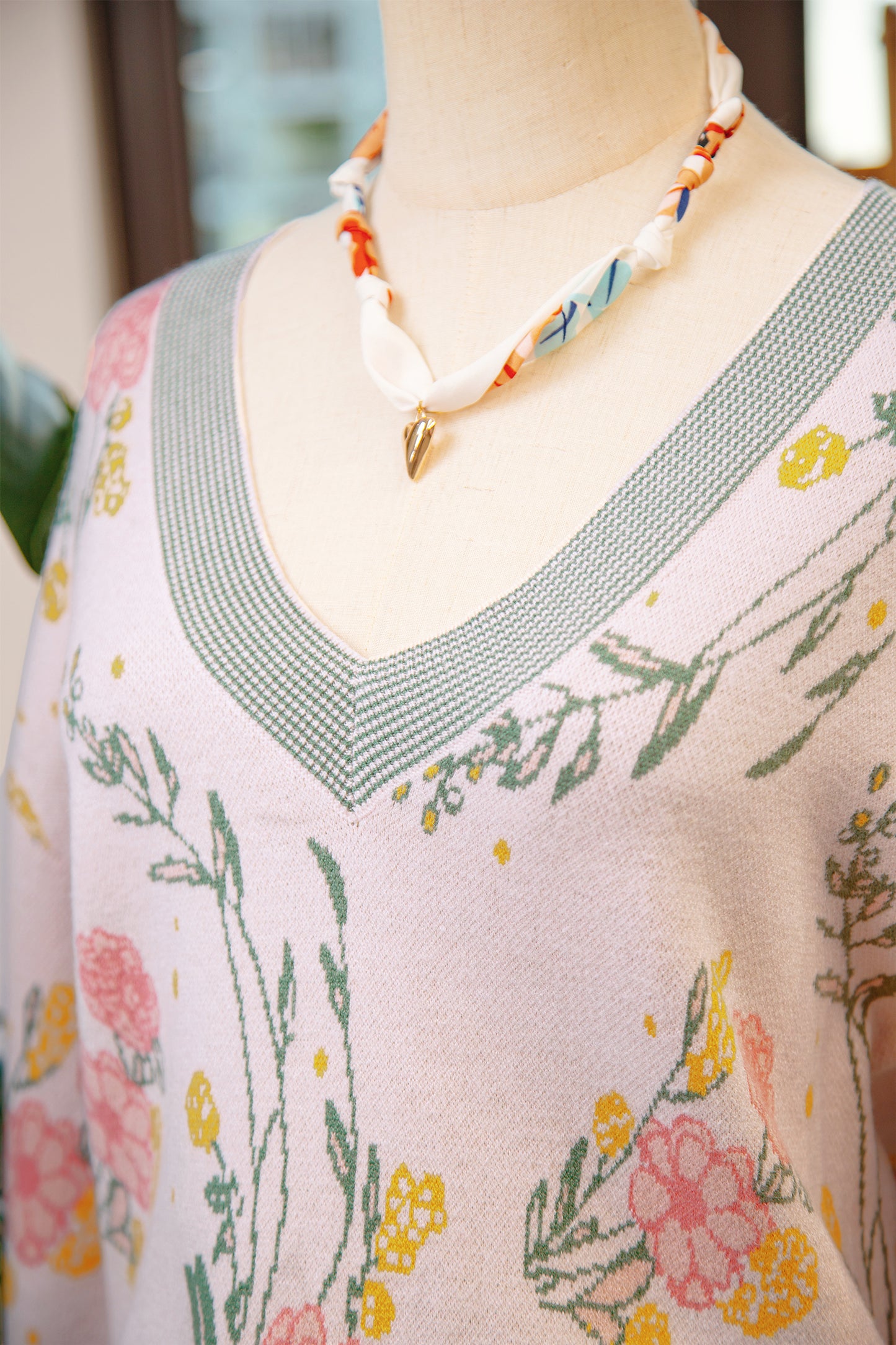 Pink Floral Pattern Striped V Neck Loose Sweater-TOPS / DRESSES-[Adult]-[Female]-2022 Online Blue Zone Planet