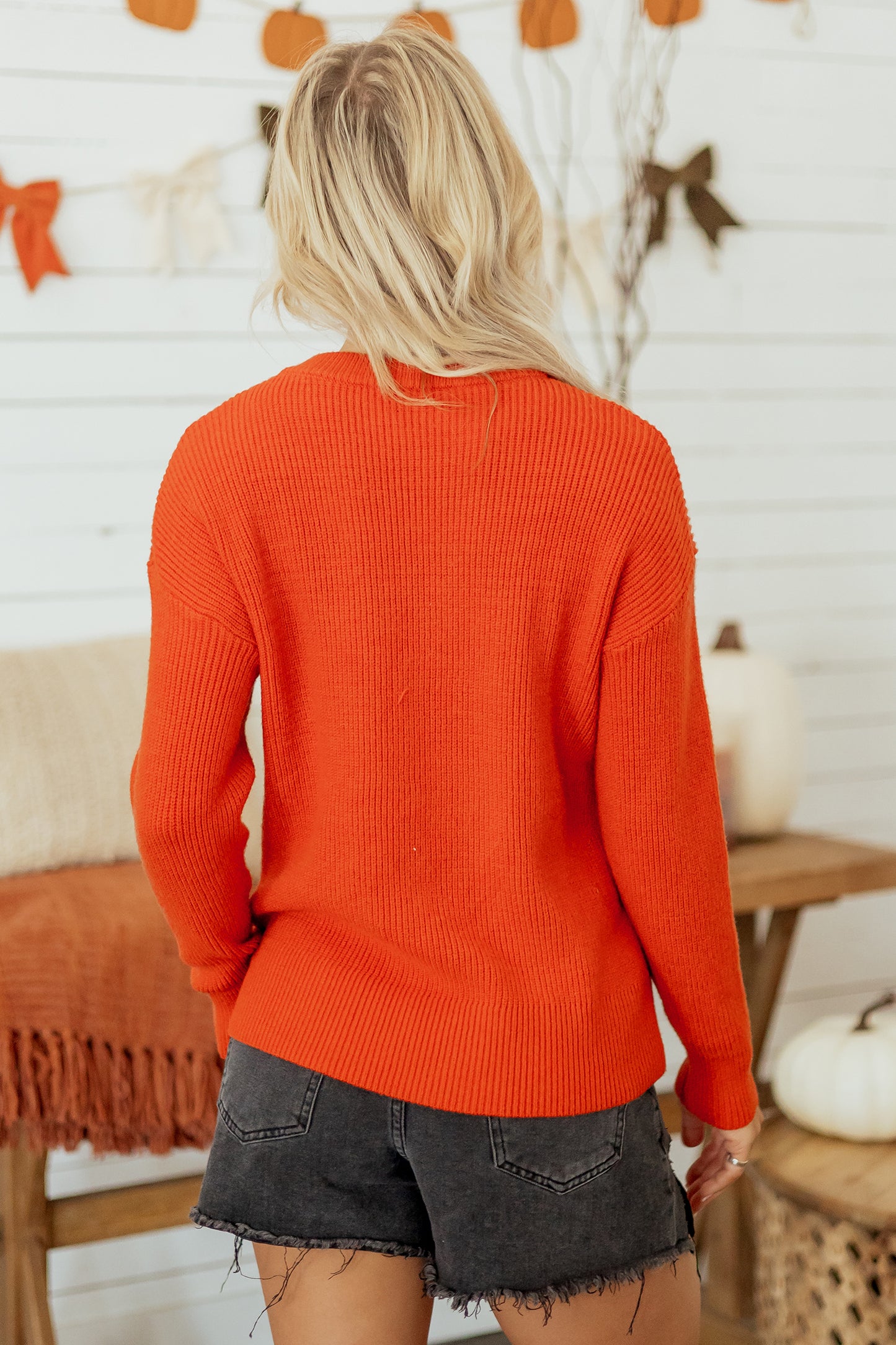 Orange Drop Shoulder Long Sleeve Round Neck Halloween Sweater-Sweaters & Cardigans/Sweaters-[Adult]-[Female]-2022 Online Blue Zone Planet