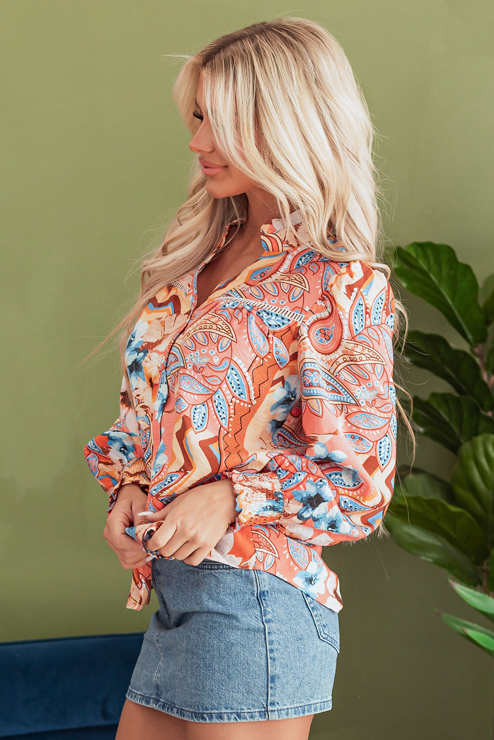 Blue Zone Planet | Orange Floral Print Shirred Cuff Buttoned Loose Shirt-Tops/Blouses & Shirts-[Adult]-[Female]-2022 Online Blue Zone Planet