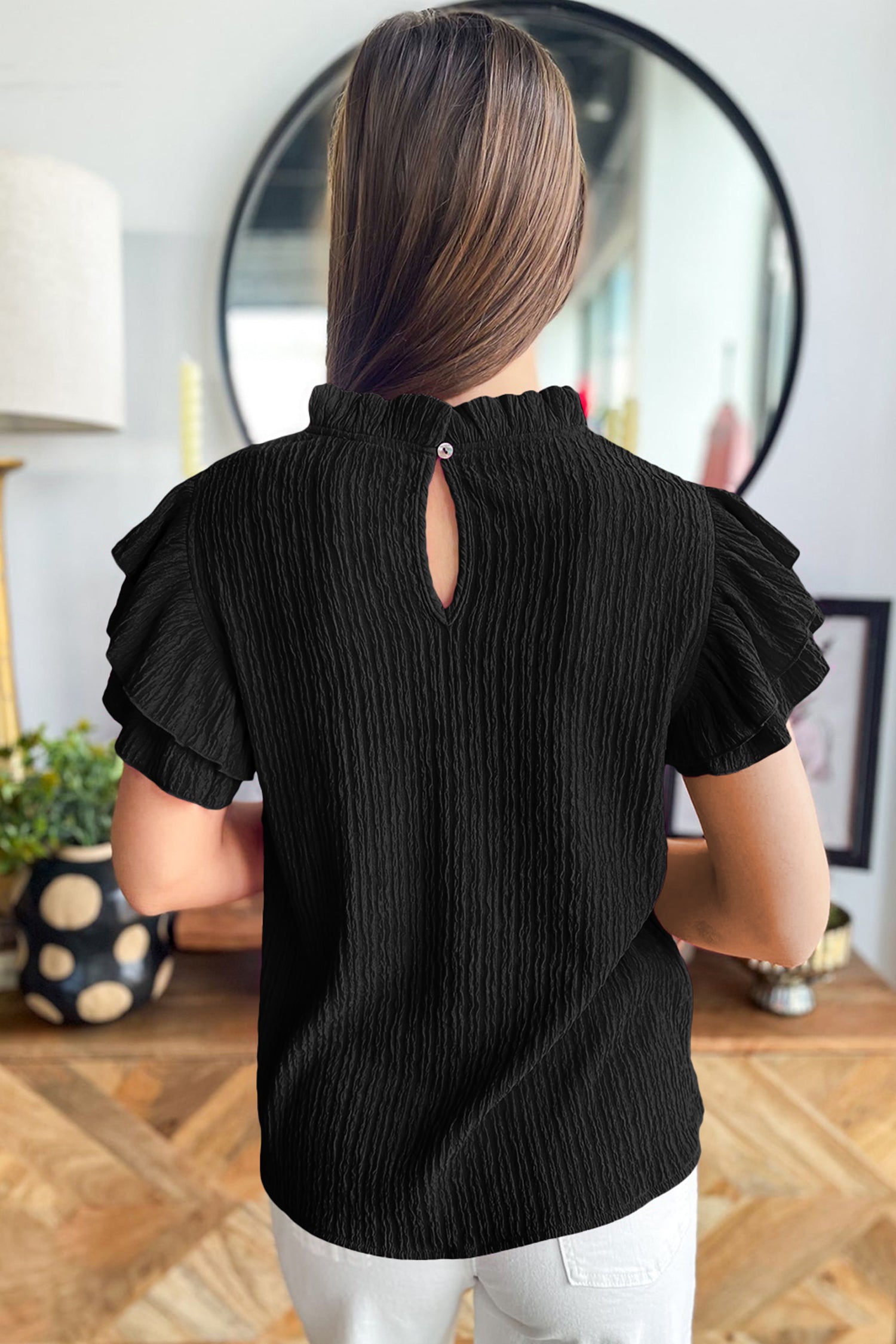 White Solid Color Textured Ruffle Trim Short Sleeve Blouse-Tops/Blouses & Shirts-[Adult]-[Female]-2022 Online Blue Zone Planet