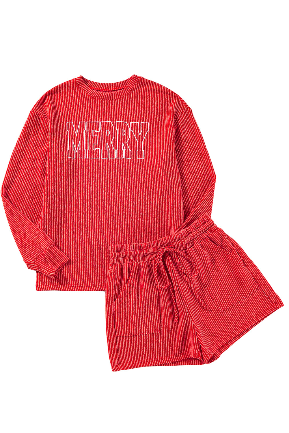 Racing Red Corded MERRY Long Sleeve Top and Shorts Pajama Set-Loungewear Set-[Adult]-[Female]-2022 Online Blue Zone Planet