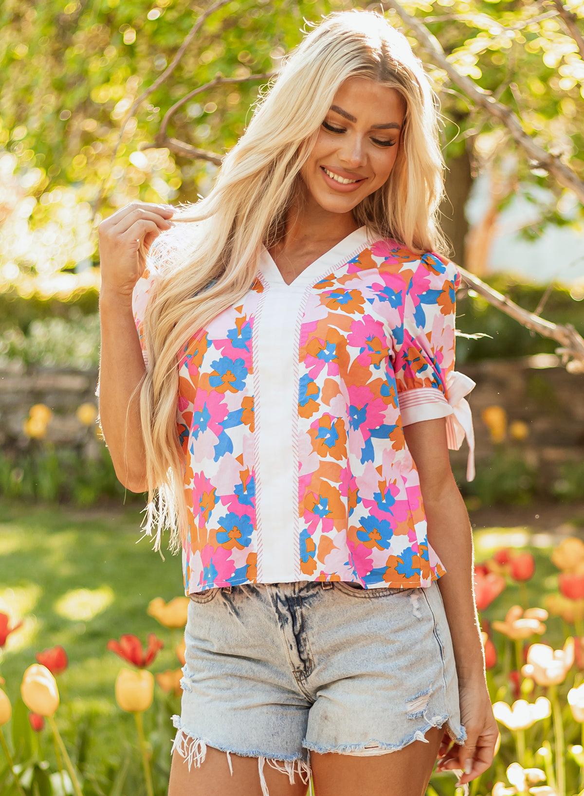 White Floral Colorblock Striped Edge V Neck Knotted Short Sleeve Blouse-Tops/Blouses & Shirts-[Adult]-[Female]-2022 Online Blue Zone Planet