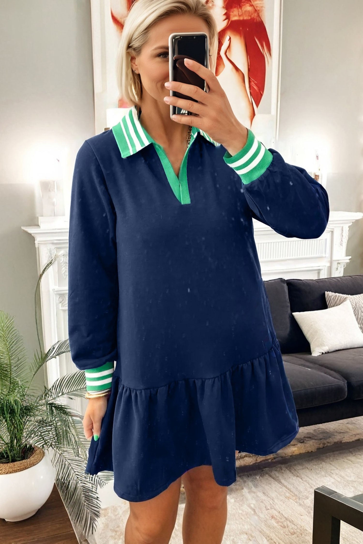 Navy Blue Contrast Striped Cuffs Polo Collar Patchwork Long Sleeve Ruffle Hem Mini Dress-TOPS / DRESSES-[Adult]-[Female]-2022 Online Blue Zone Planet