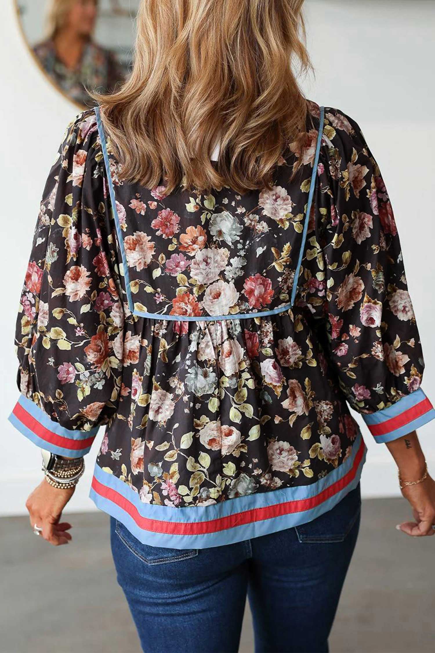 Black Floral Print Contrast Trim Tie V Neck Bracelet Sleeve Blouse-Tops/Blouses & Shirts-[Adult]-[Female]-2022 Online Blue Zone Planet
