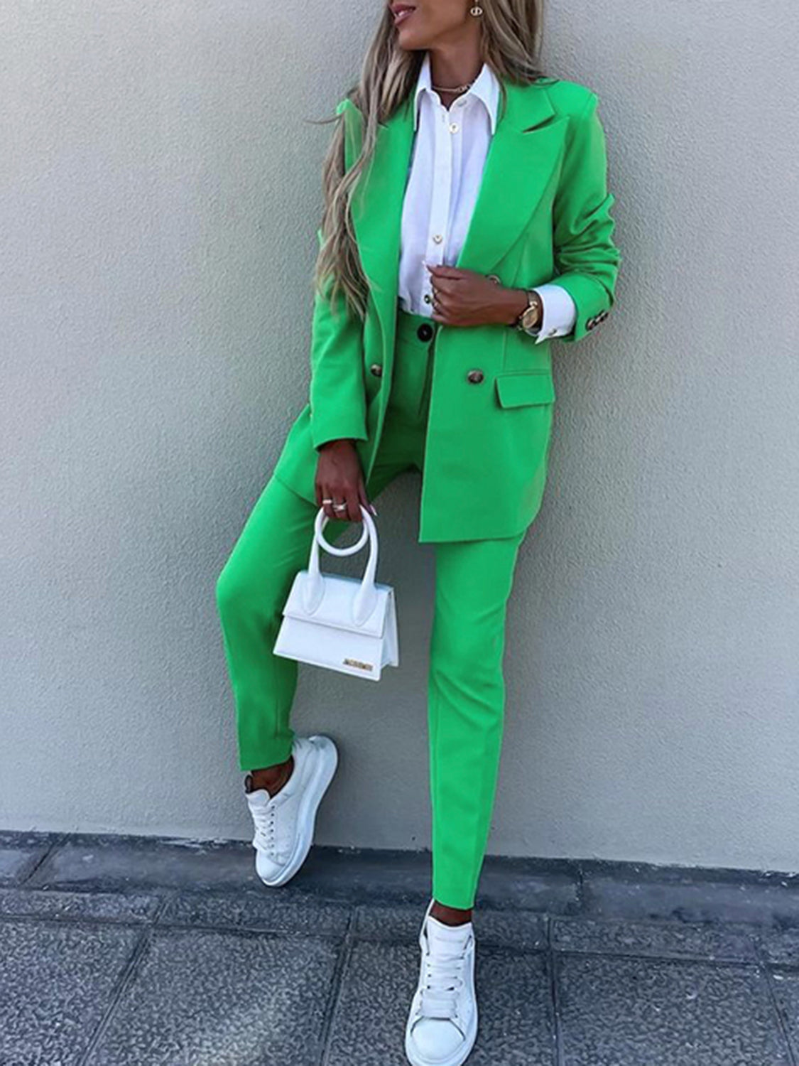 Blue Zone Planet | Lapel Collar Long Sleeve Blazer and Pants Set-TOPS / DRESSES-[Adult]-[Female]-Mid Green-S-2022 Online Blue Zone Planet