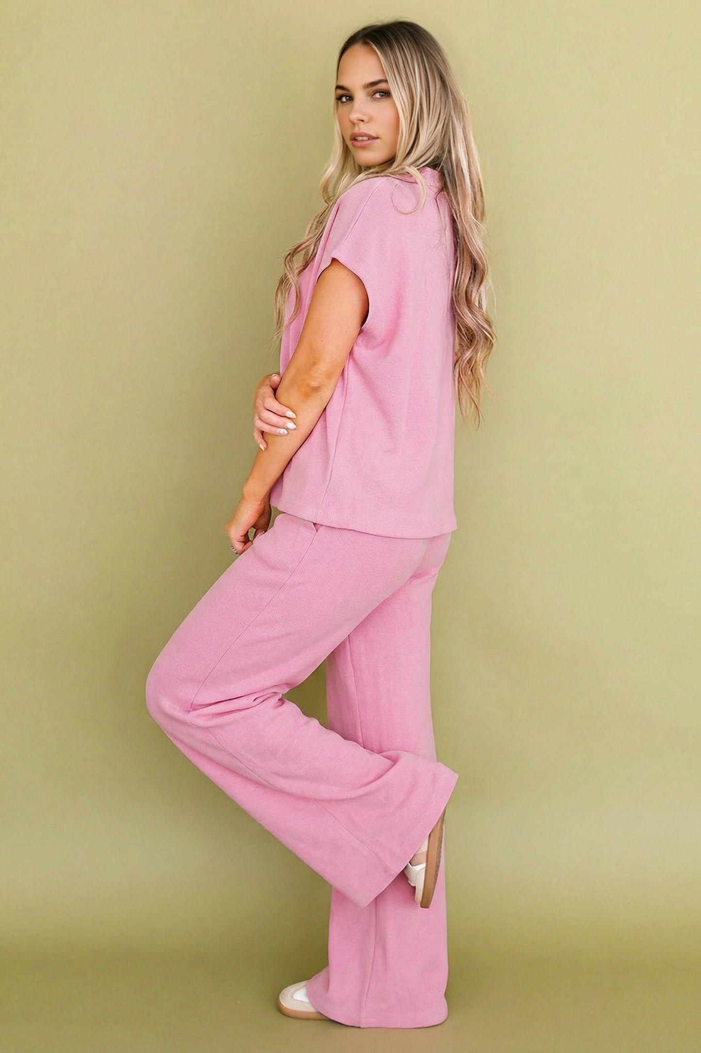 Pink Textured Knit High Neck Loose Tee Elastic Waist Loose Pant Set-Two Piece Sets/Pant Sets-[Adult]-[Female]-2022 Online Blue Zone Planet