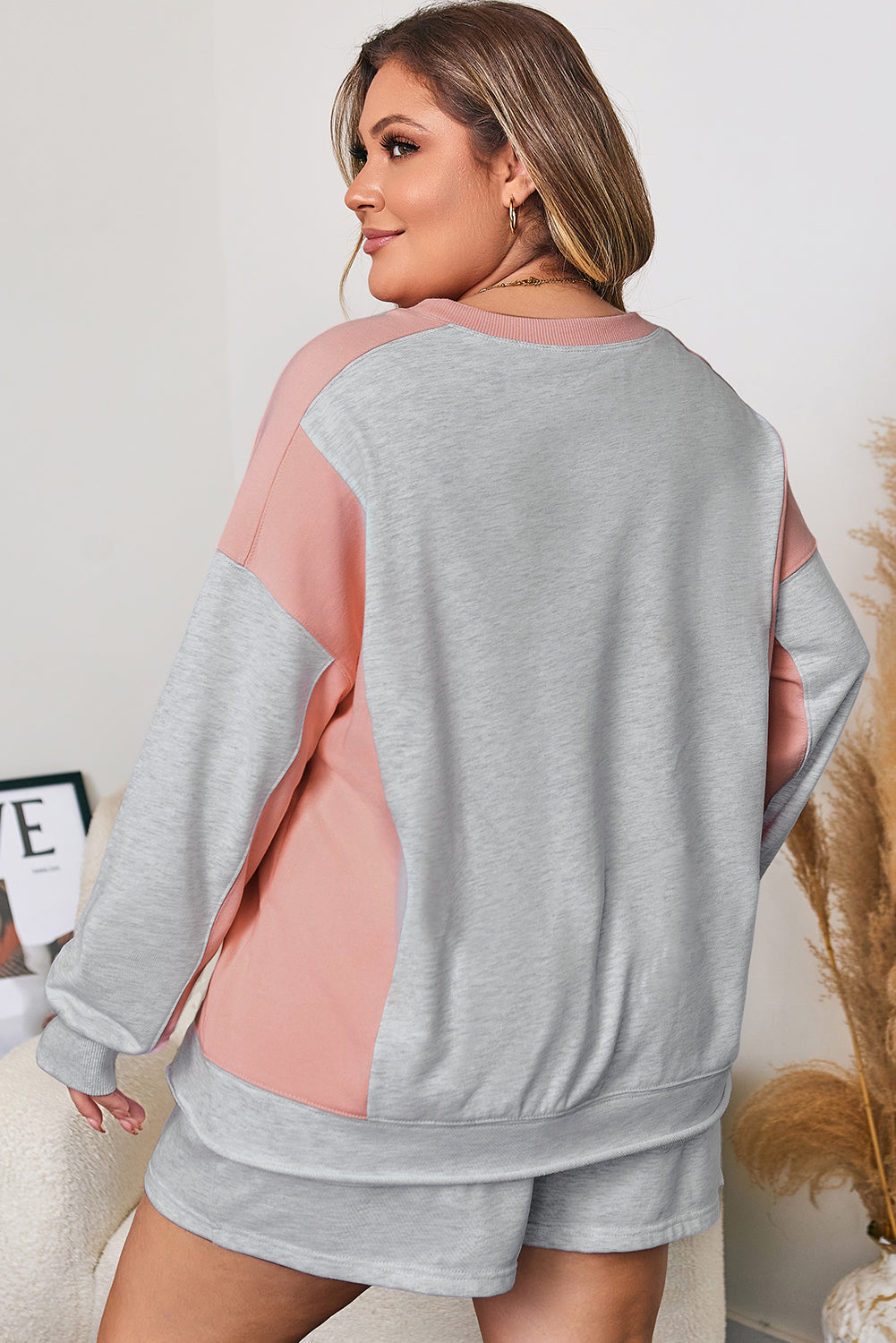 Light Grey Uneven Hem Colorblock Pullover Casual Shorts Plus Size 2pcs Outfit-Plus Size/Plus Size Loungewear-[Adult]-[Female]-2022 Online Blue Zone Planet