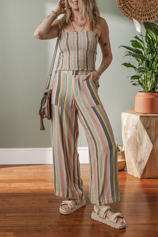 Multicolour Vertical Striped Smocked Cami Top Wide Leg Pants Set-Two Piece Sets/Pant Sets-[Adult]-[Female]-Multicolour-S-2022 Online Blue Zone Planet