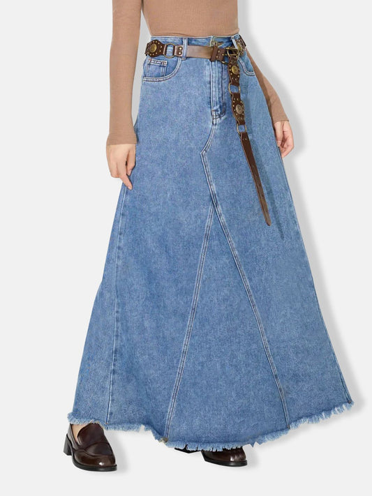 Blue Zone Planet | Raw Hem Maxi Denim Skirt-BOTTOM SIZES SMALL MEDIUM LARGE-[Adult]-[Female]-Medium-XS-2022 Online Blue Zone Planet