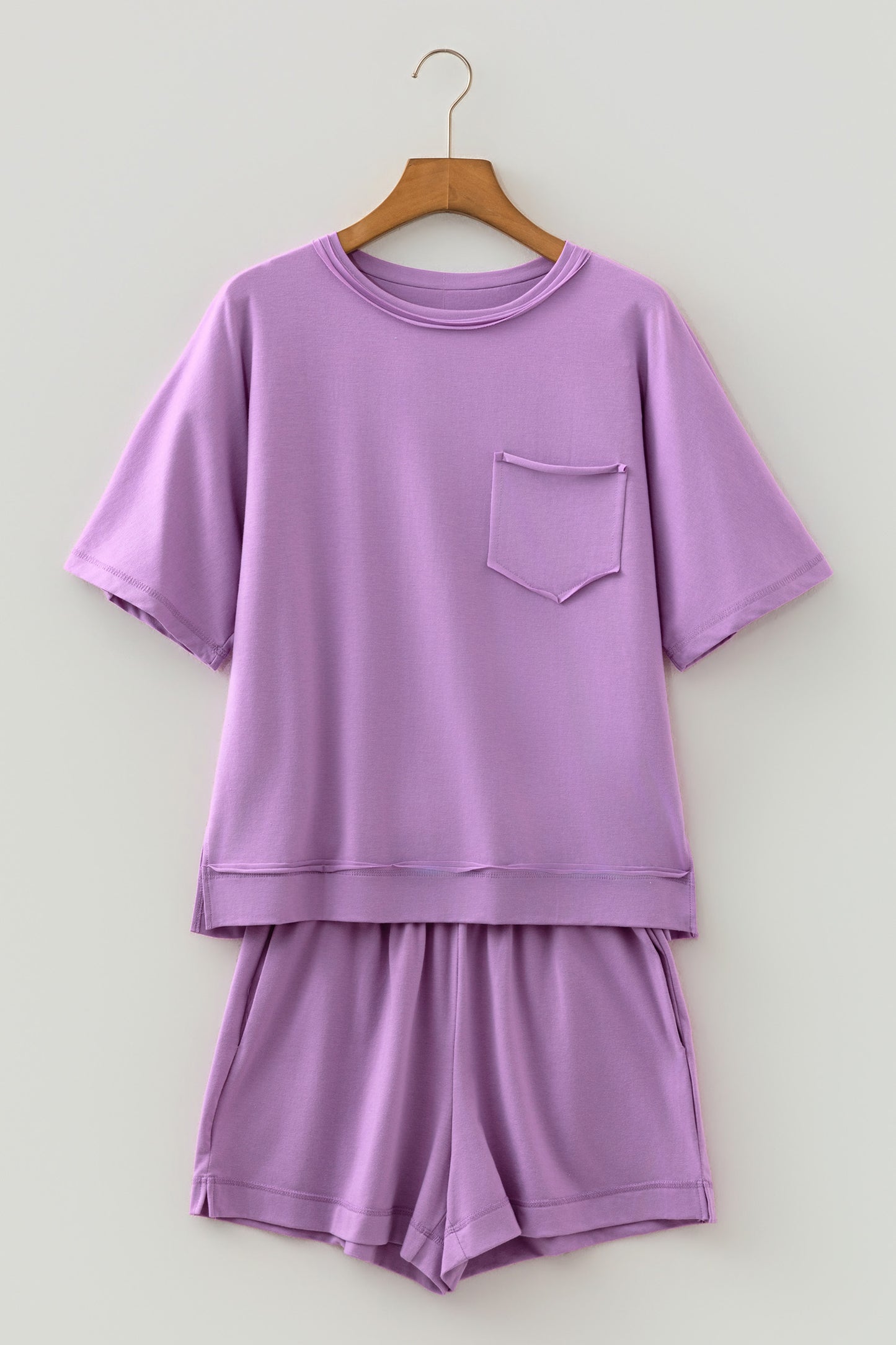 Strawberry Pink Raw Edge Patch Pocket Oversized Top and Shorts Set-Two Piece Sets/Short Sets-[Adult]-[Female]-2022 Online Blue Zone Planet
