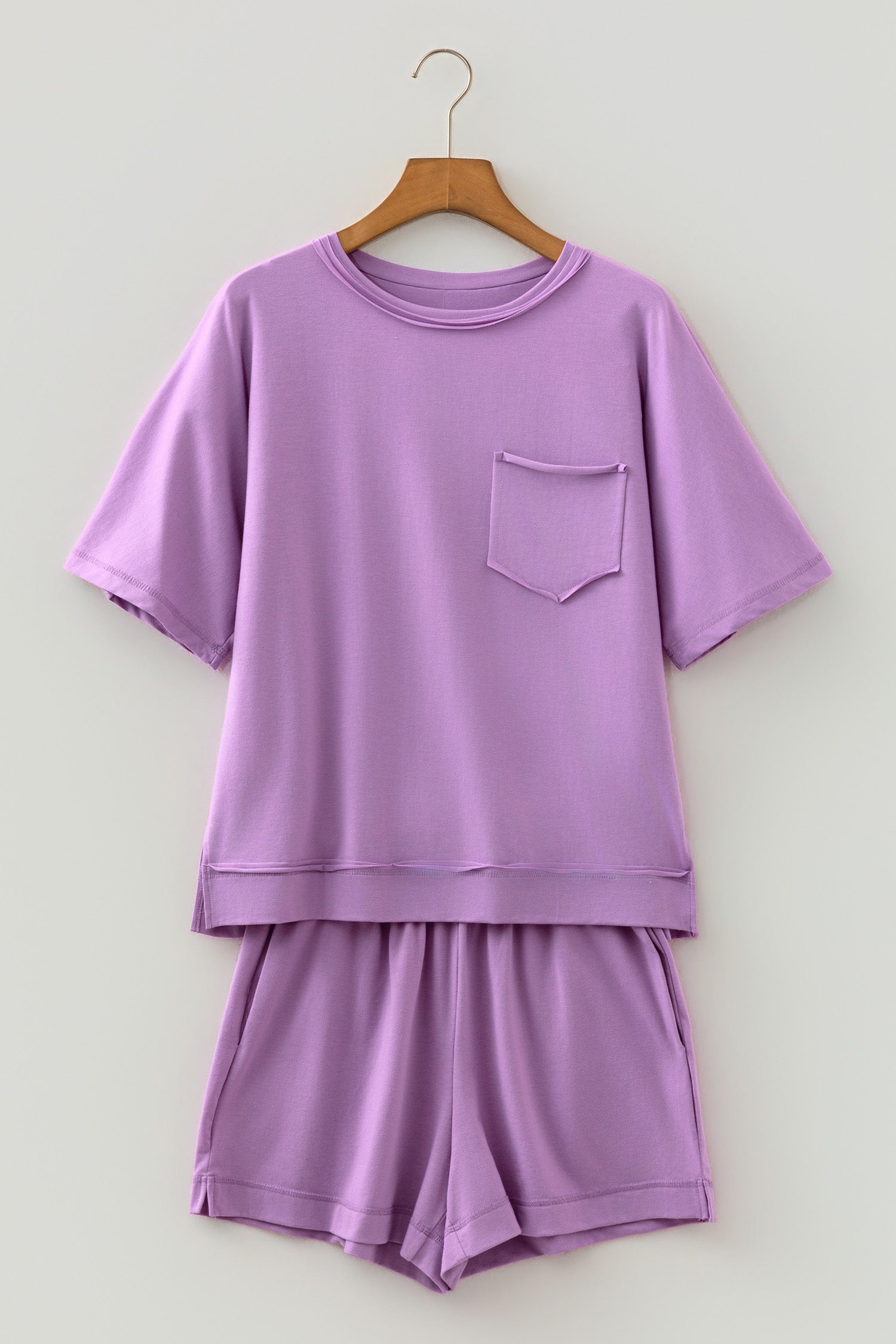 Strawberry Pink Raw Edge Patch Pocket Oversized Top and Shorts Set-Two Piece Sets/Short Sets-[Adult]-[Female]-2022 Online Blue Zone Planet