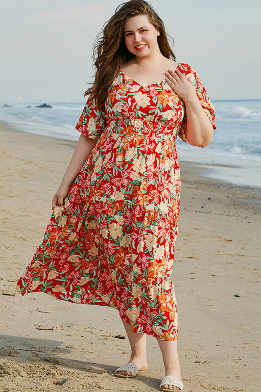 Orange Floral V Neck Flutter Sleeve Cinched Waist Long Plus Size Dress-TOPS / DRESSES-[Adult]-[Female]-Orange-1X-2022 Online Blue Zone Planet