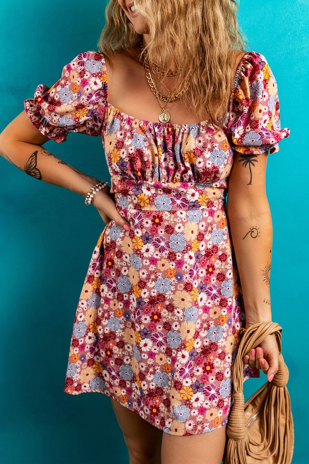 Red Floral Puff Sleeve Square Neck Knot Open Back Mini Dress-TOPS / DRESSES-[Adult]-[Female]-2022 Online Blue Zone Planet