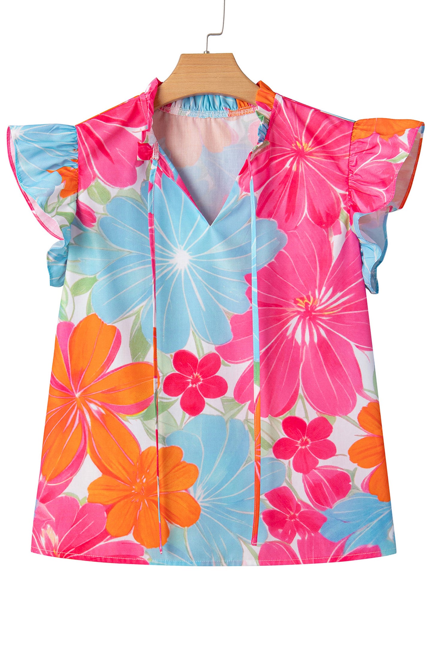 Multicolour Vibrant Flower Printed Tie V Neck Ruffle Trim Sleeveless Blouse-Tops/Blouses & Shirts-[Adult]-[Female]-2022 Online Blue Zone Planet