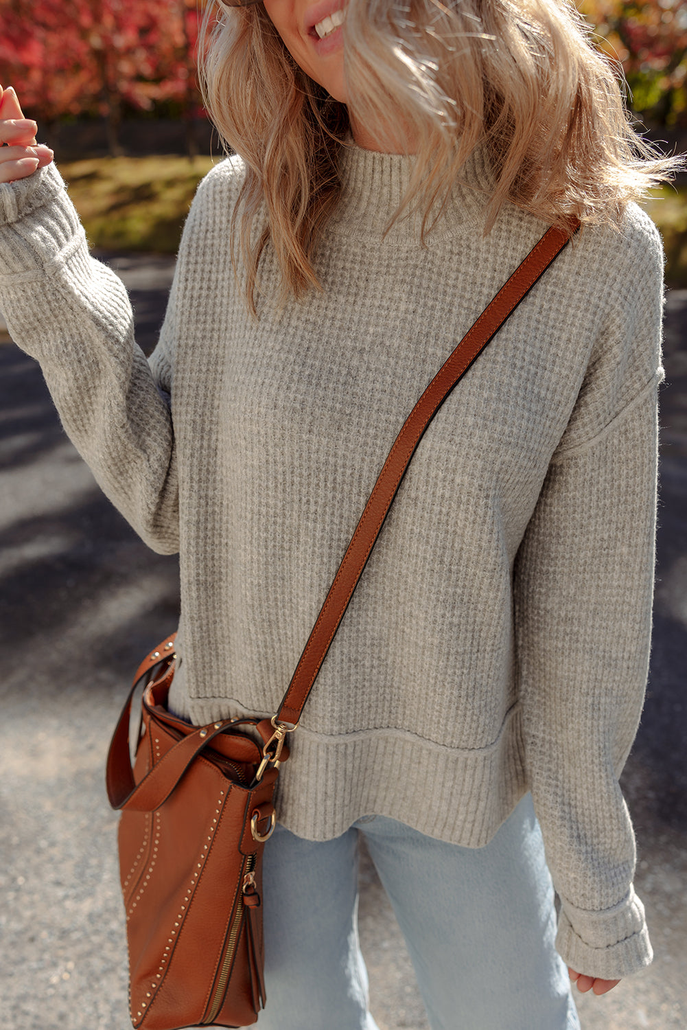 Gray Morn Waffle Texture Knit Ribbed High Neck Drop Shoulder Sweater-TOPS / DRESSES-[Adult]-[Female]-2022 Online Blue Zone Planet