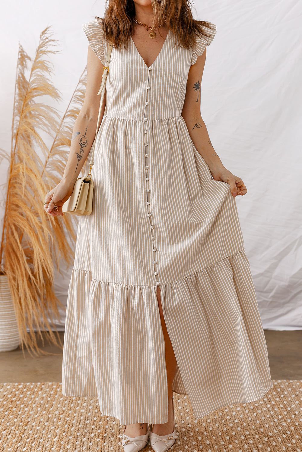 Khaki Stripe Flutter Sleeve Buttoned Front Slit Maxi Dress-TOPS / DRESSES-[Adult]-[Female]-Khaki Stripe-S-2022 Online Blue Zone Planet