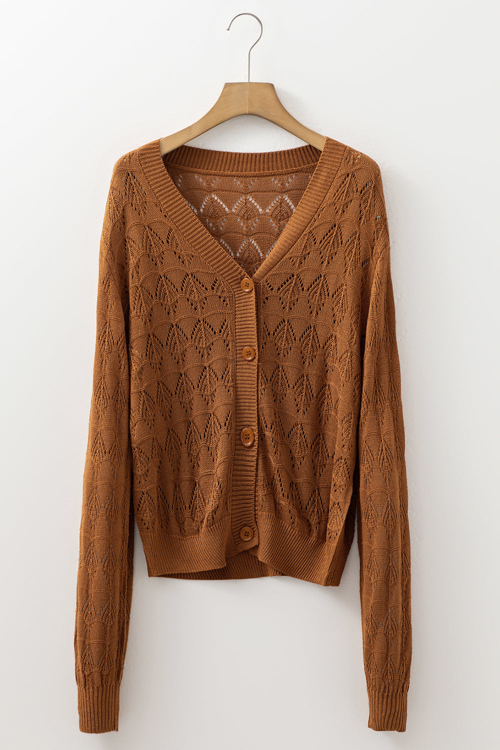 Brown Lightweight Buttoned Front Crochet Cardigan-TOPS / DRESSES-[Adult]-[Female]-2022 Online Blue Zone Planet