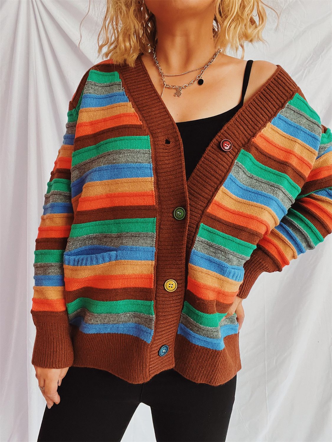 Contrast Stripes Button Up Long Sleeve Cardigan-TOPS / DRESSES-[Adult]-[Female]-Brown-One Size-2022 Online Blue Zone Planet