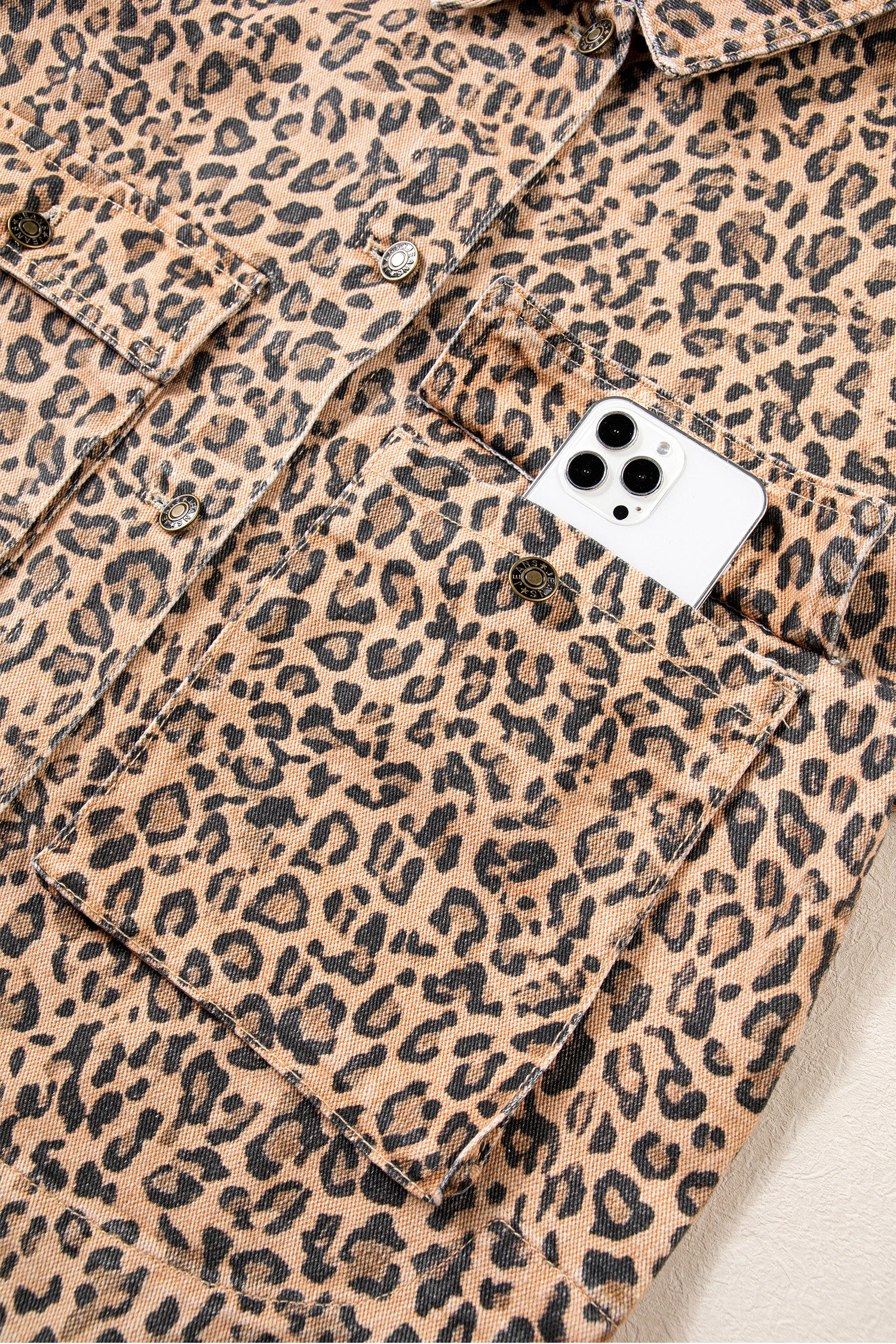 Khaki Leopard Print Collar Long Sleeve Patch Pocket Shift Denim Jacket-Outerwear/Denim jackets-[Adult]-[Female]-2022 Online Blue Zone Planet