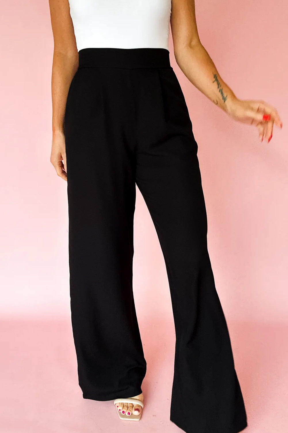 Black Pleated Detail Pull On High Elastic Waist Loose Straight Pants-Bottoms/Pants & Culotte-[Adult]-[Female]-2022 Online Blue Zone Planet