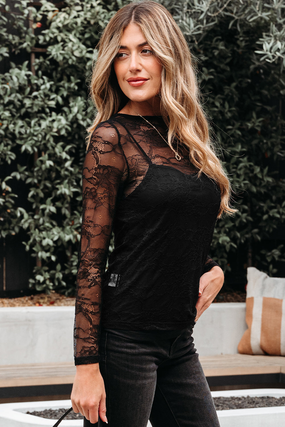 Black Lace Crochet Mesh Patched Slim Fit Long Sleeve Top-Tops/Long Sleeve Tops-[Adult]-[Female]-2022 Online Blue Zone Planet