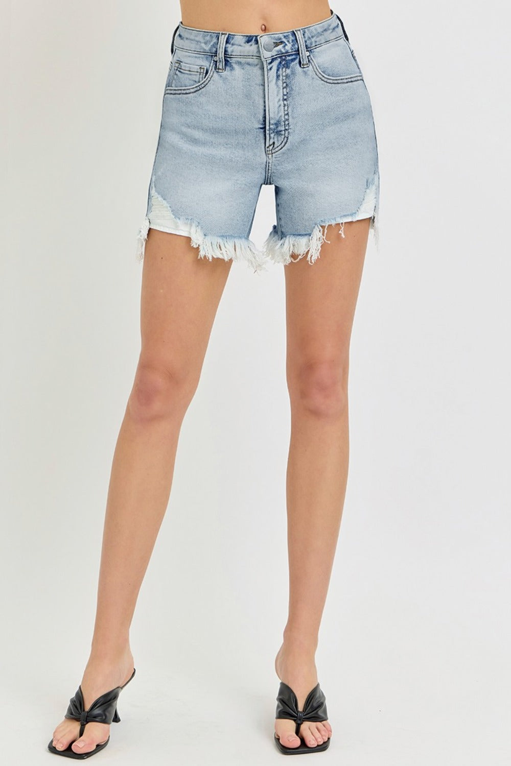 RISEN High Rise Side Step Hem Denim Shorts-BOTTOMS SIZES SMALL MEDIUM LARGE-[Adult]-[Female]-2022 Online Blue Zone Planet