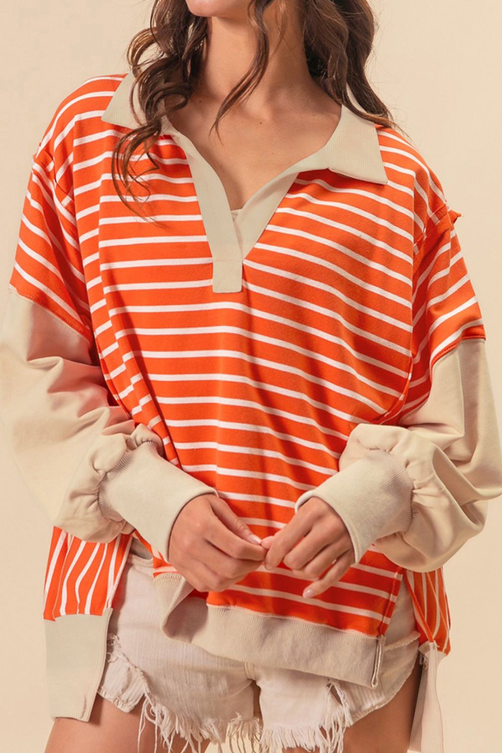 Striped Johnny Collar Long Sleeve Sweatshirt-TOPS / DRESSES-[Adult]-[Female]-Tangerine-S-2022 Online Blue Zone Planet