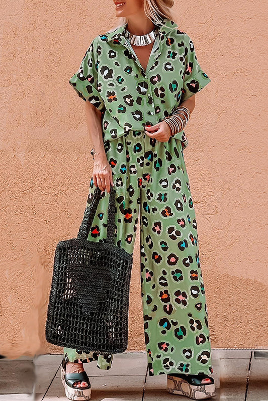 Green Leopard Print Short Sleeve Shirt and Wide Leg Pants Set-Two Piece Sets/Pant Sets-[Adult]-[Female]-Green-S-2022 Online Blue Zone Planet