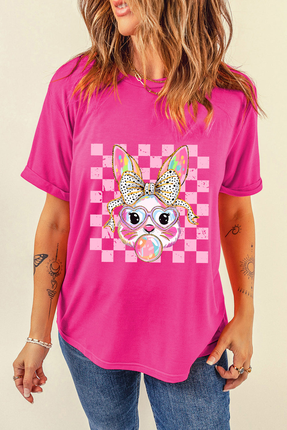 Rose Red Plaid Bubble Gum Rabbit Graphic Eater T Shirt-Graphic/Graphic Tees-[Adult]-[Female]-2022 Online Blue Zone Planet