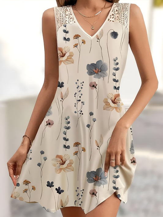 Printed V-Neck Sleeveless Mini Dress-TOPS / DRESSES-[Adult]-[Female]-Tan-S-2022 Online Blue Zone Planet