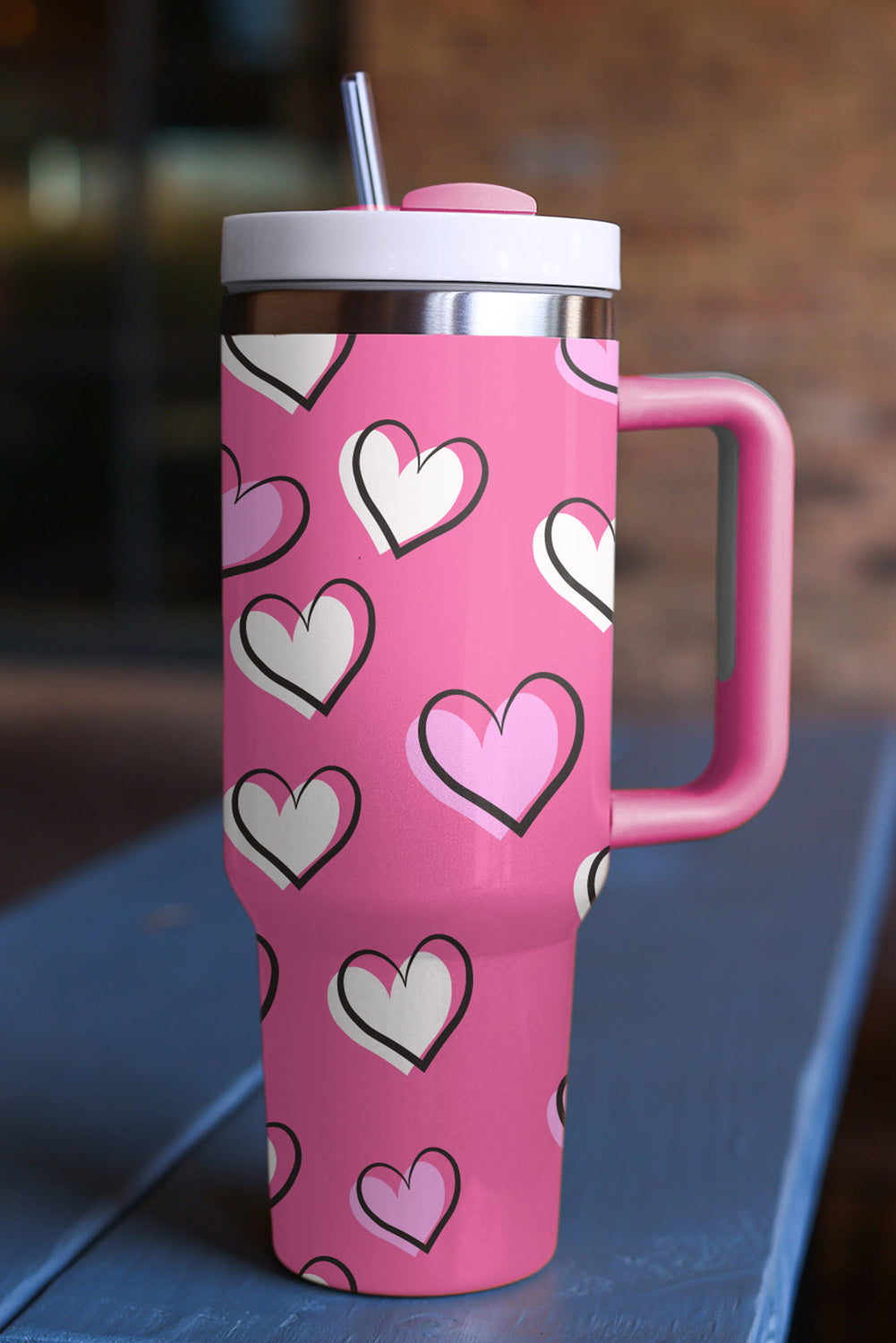 Rose Red Valentines Heart Printed Thermos Cup with Handle 40oz-Accessories/Tumblers-[Adult]-[Female]-2022 Online Blue Zone Planet