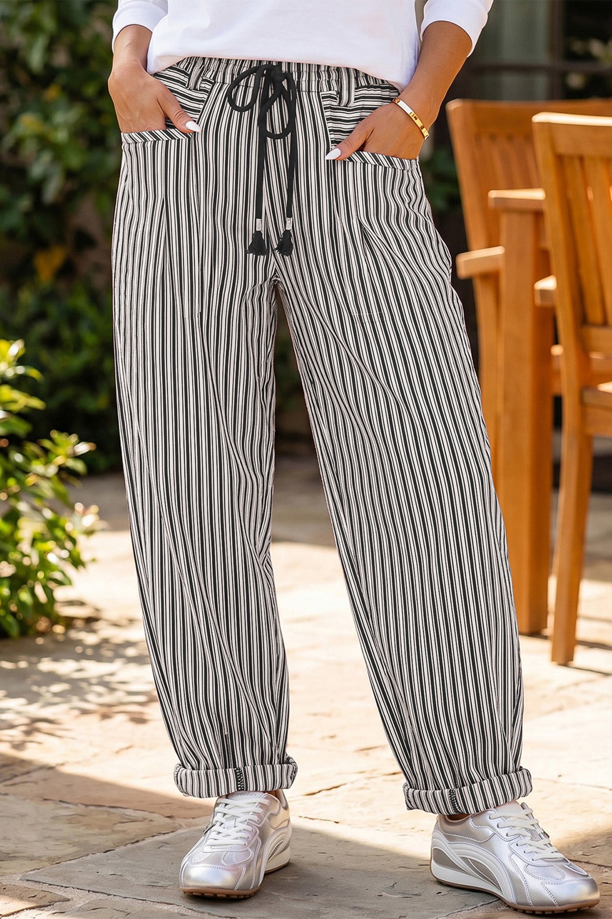 Blue Stripe Drawstring Casual Loose Pants