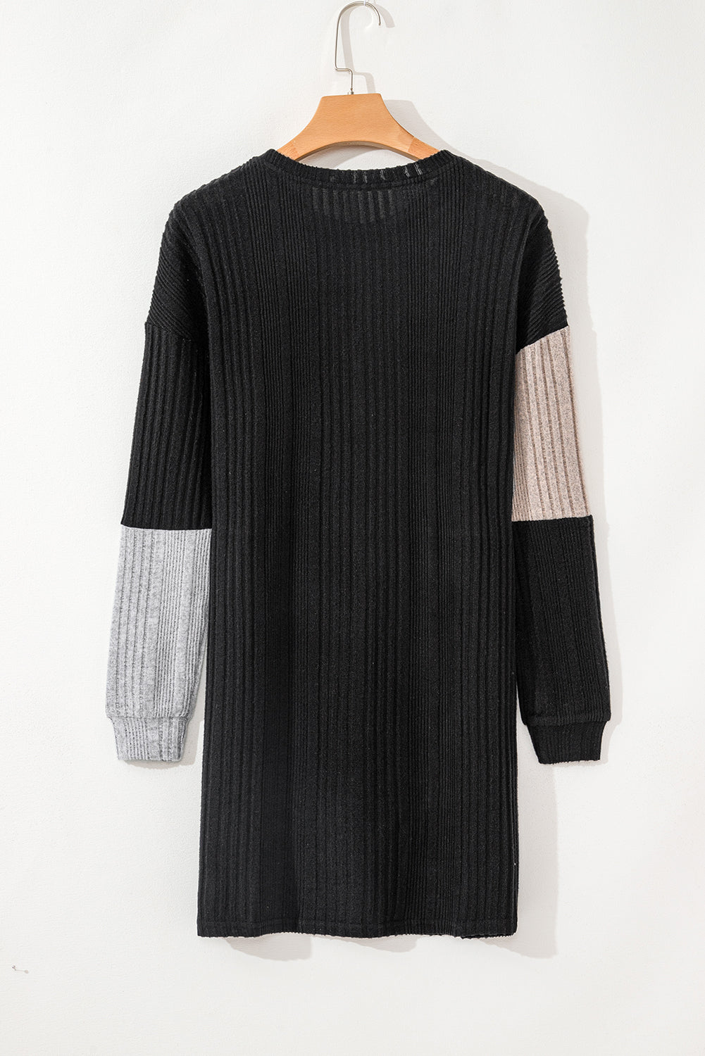 Blue Zone Planet | Black Ribbed Color Block Drop Shoulder Long Sleeve Mini Dress-TOPS / DRESSES-[Adult]-[Female]-2022 Online Blue Zone Planet