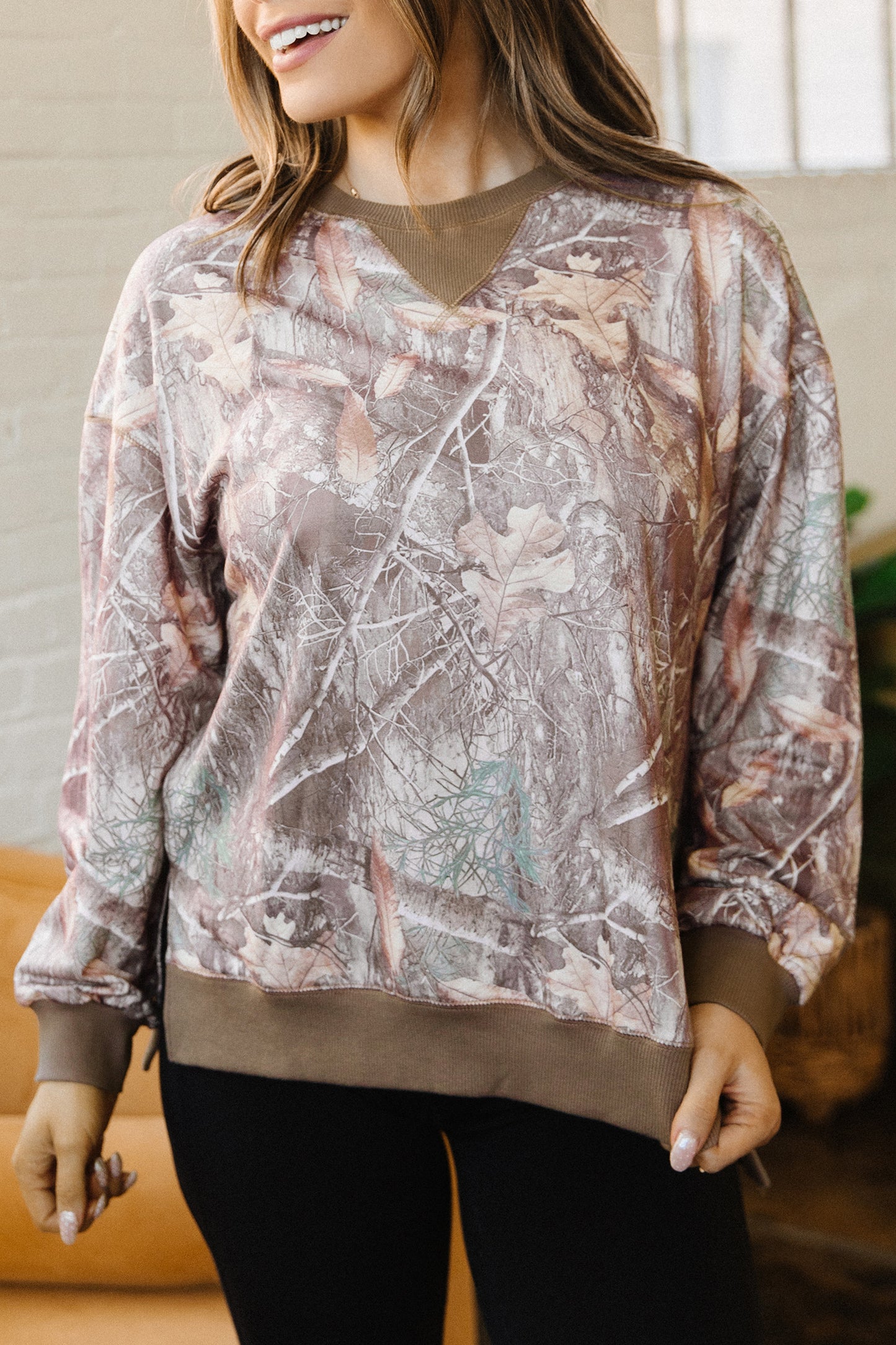 Brown Abstract Camo Print Color Block Detail Baggy Pullover Sweatshirt-Tops/Sweatshirts & Hoodies-[Adult]-[Female]-2022 Online Blue Zone Planet