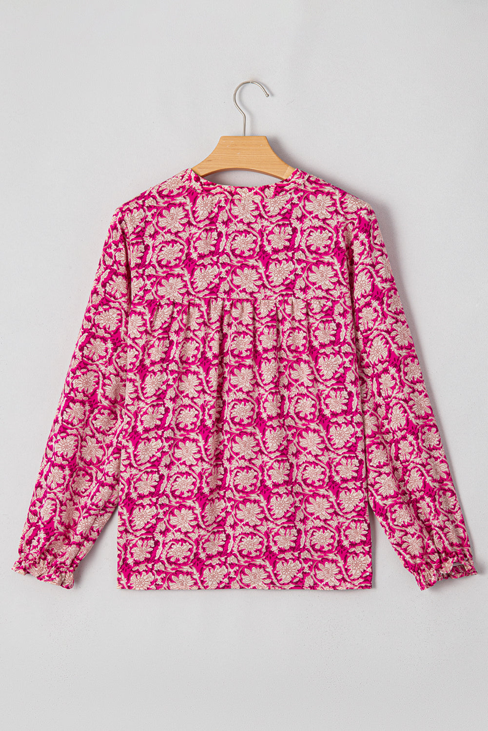 Pink Floral Print Split Neck Pleated Puff Sleeve Blouse-Tops/Blouses & Shirts-[Adult]-[Female]-2022 Online Blue Zone Planet