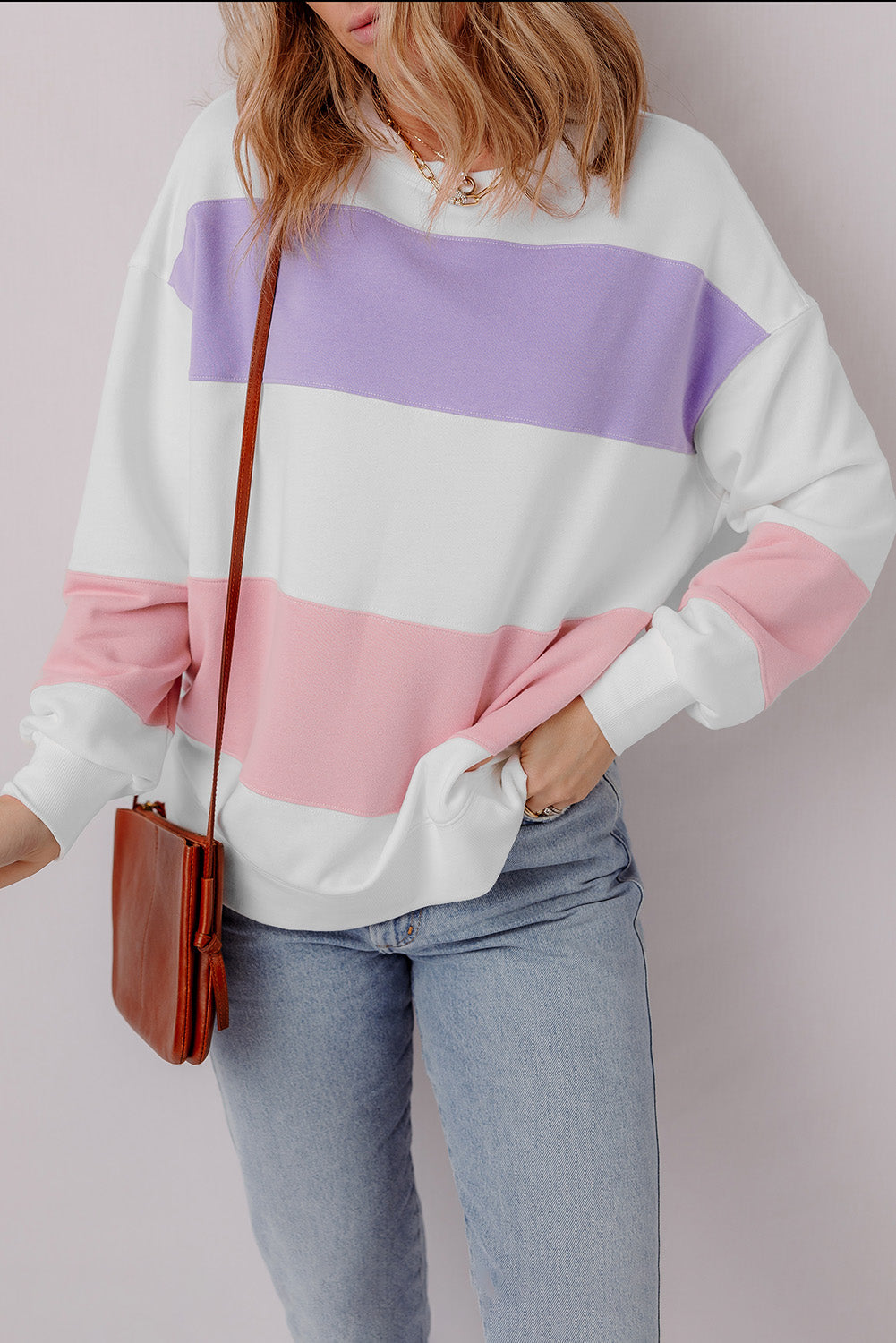 Beige Colorblock Patchwork Drop Shoulder Crewneck Sweatshirt-Tops/Sweatshirts & Hoodies-[Adult]-[Female]-Beige-S-2022 Online Blue Zone Planet