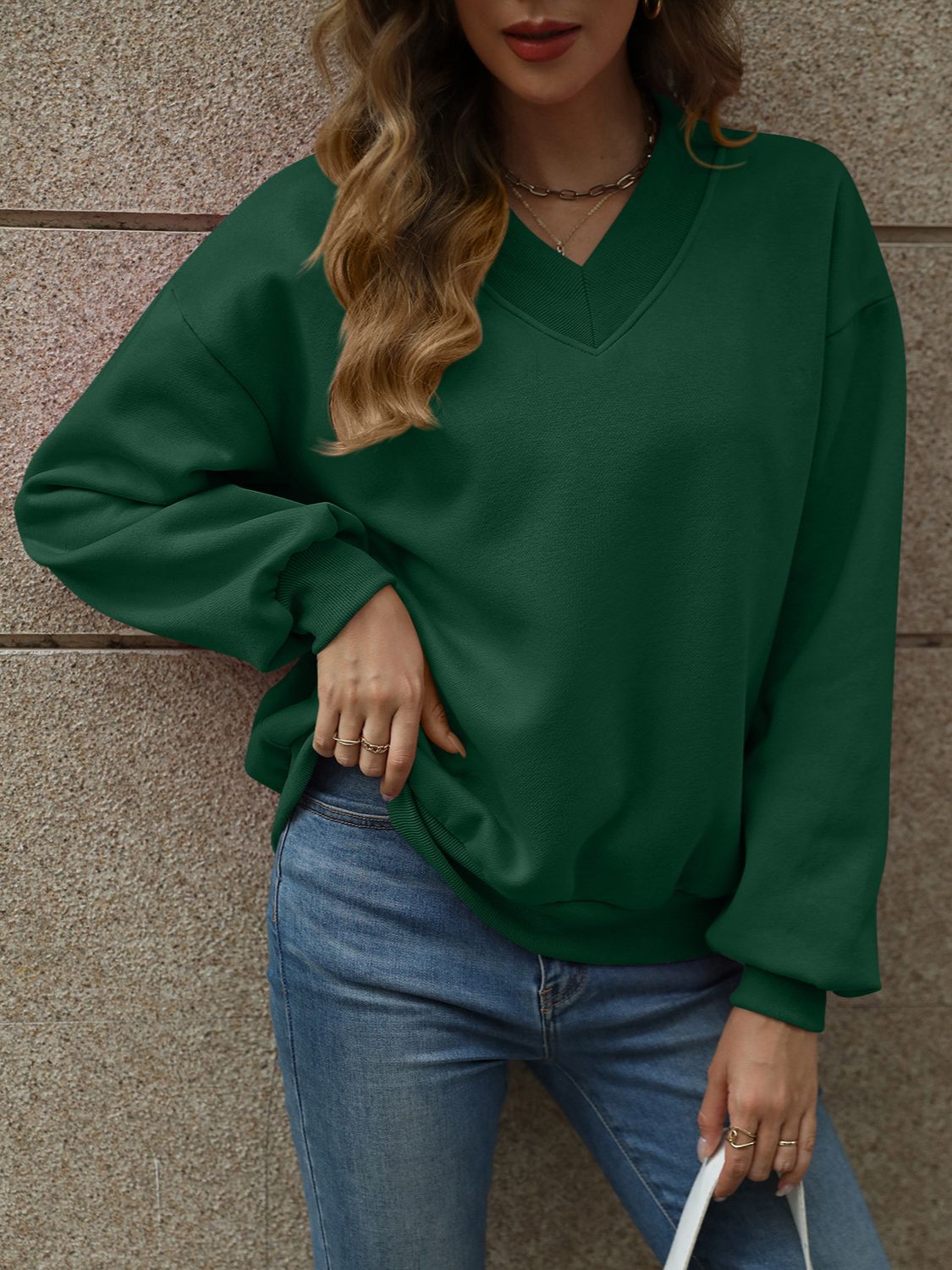 V-Neck Long Sleeve Dropped Shoulder Sweatshirt-TOPS / DRESSES-[Adult]-[Female]-Dark Green-S-2022 Online Blue Zone Planet